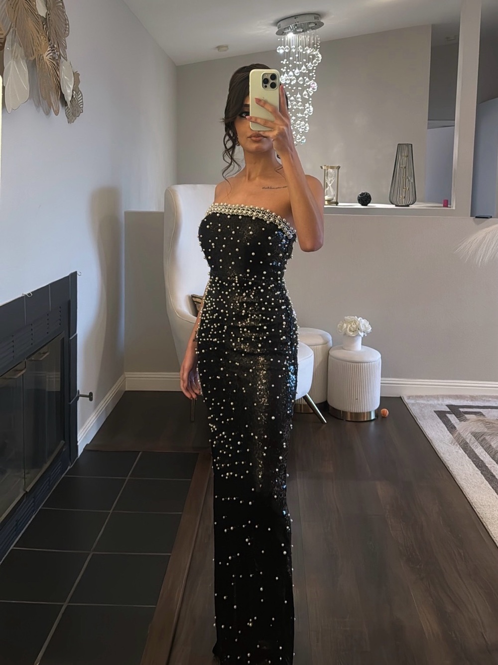 Strapless Black Pearl-Embellished Evening Gown